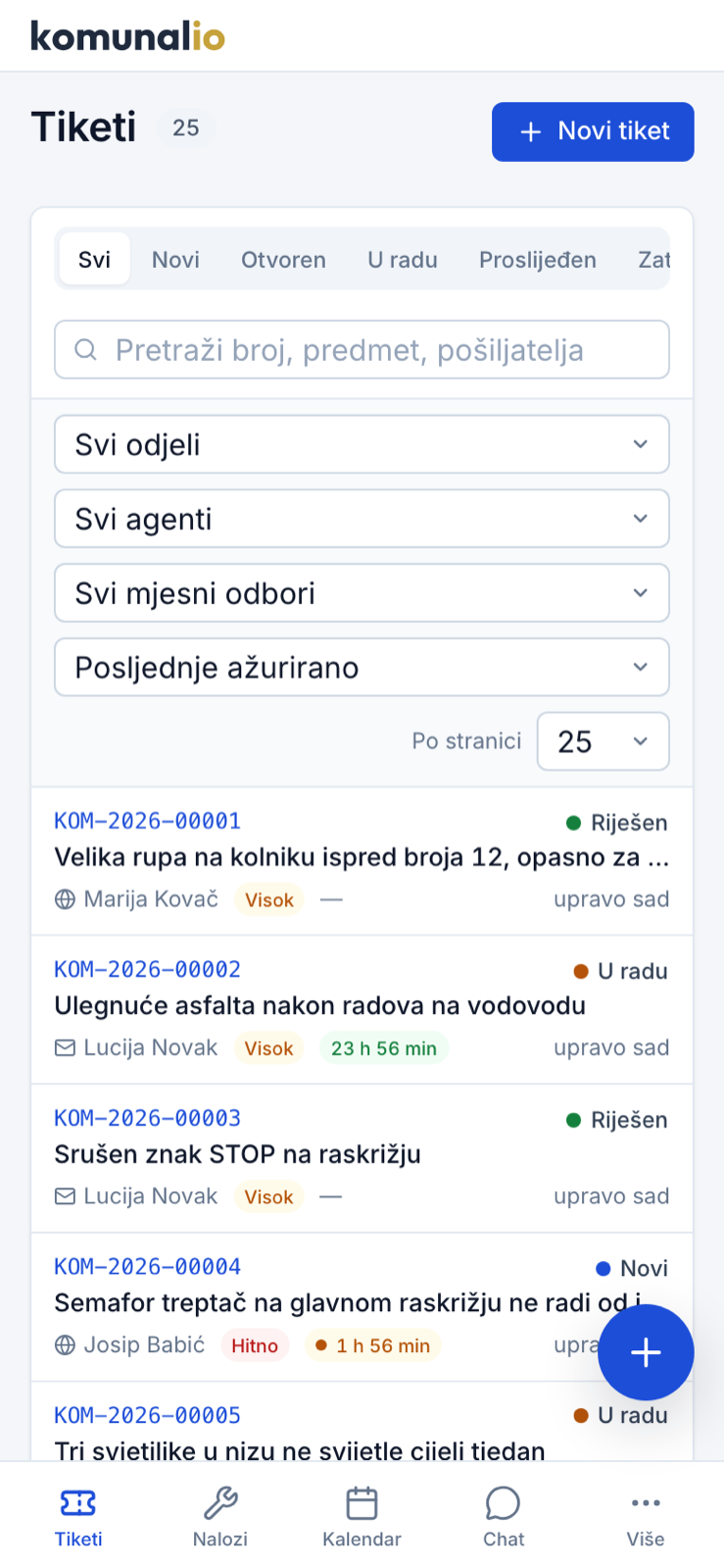 Popis tiketa u mobilnom prikazu s donjom navigacijom