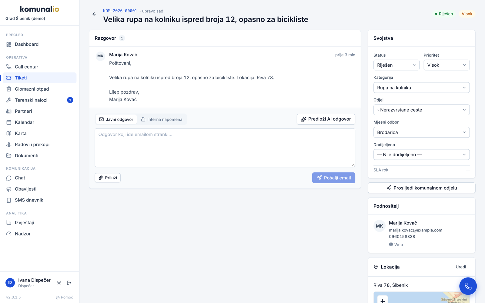 Pojedinačni tiket s porukama, bilješkama i SLA rokom